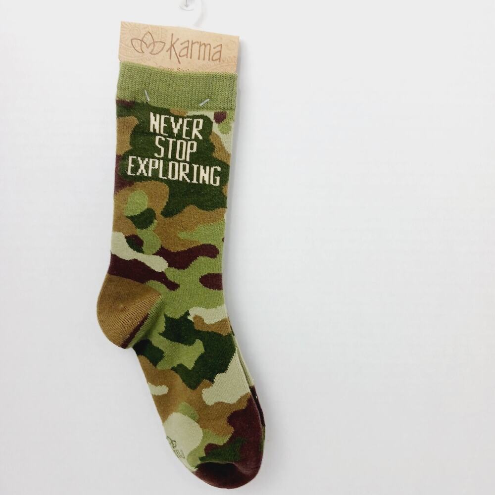 Women Boy Sock Crew Karma Never Stop Exploring Camo Camouflage Cotton NWT NEW